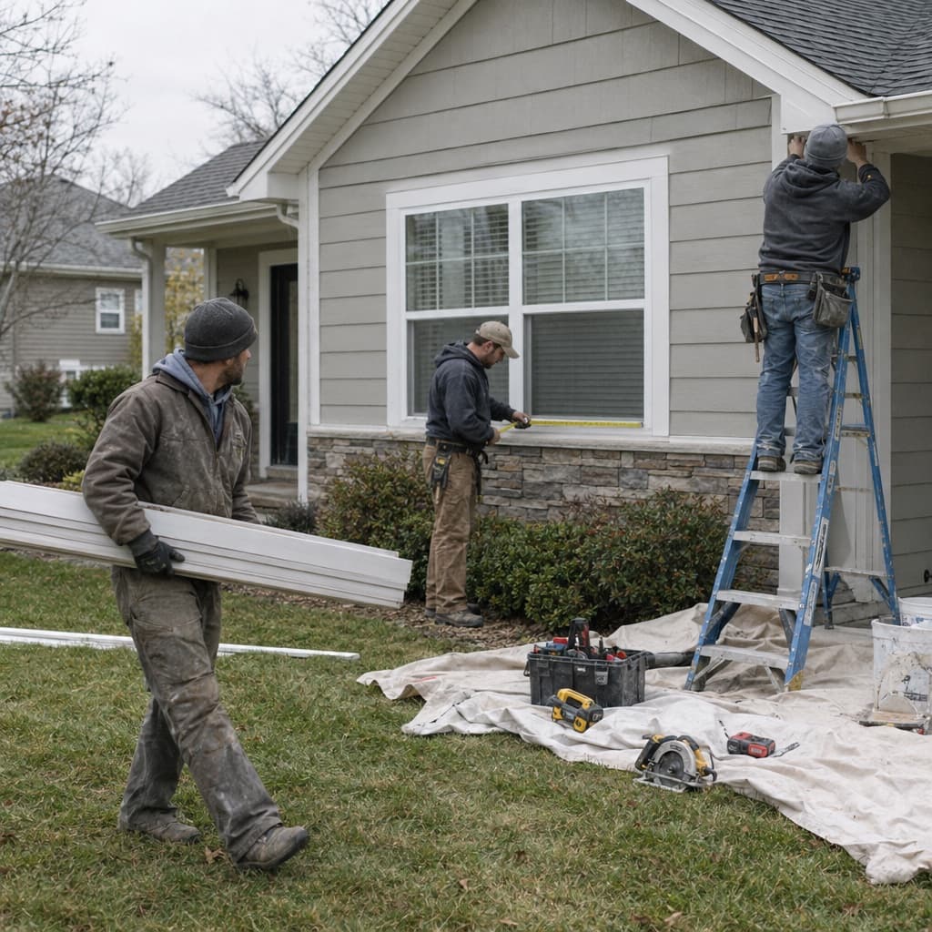 Service crew working outside a home.