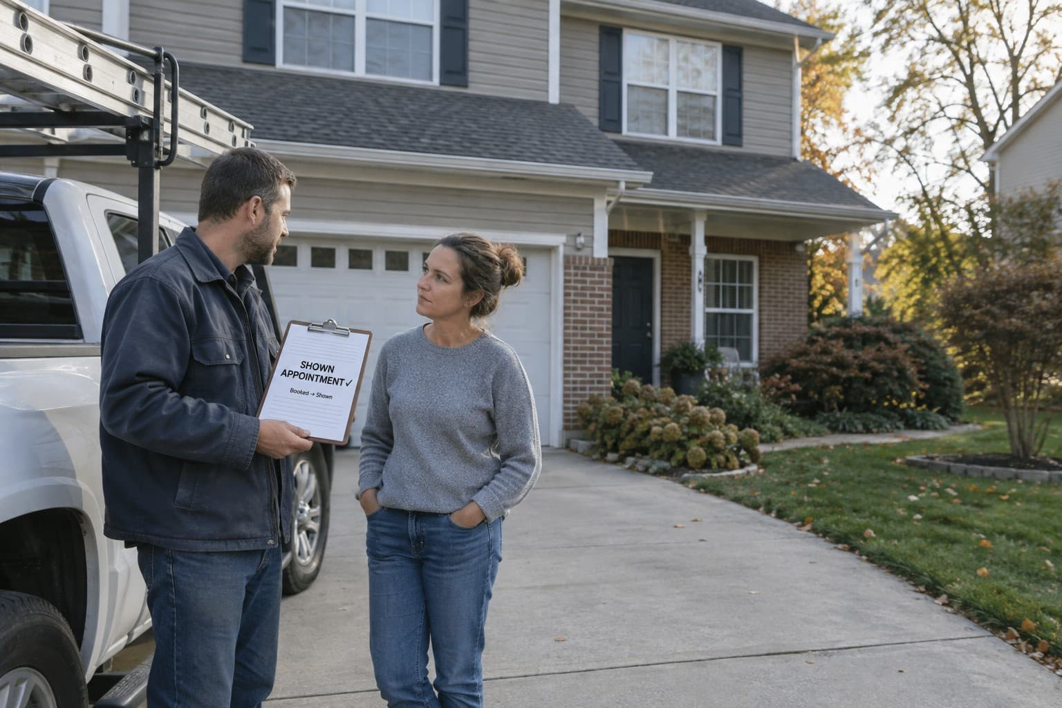 Contractor meeting a homeowner outside a home.
